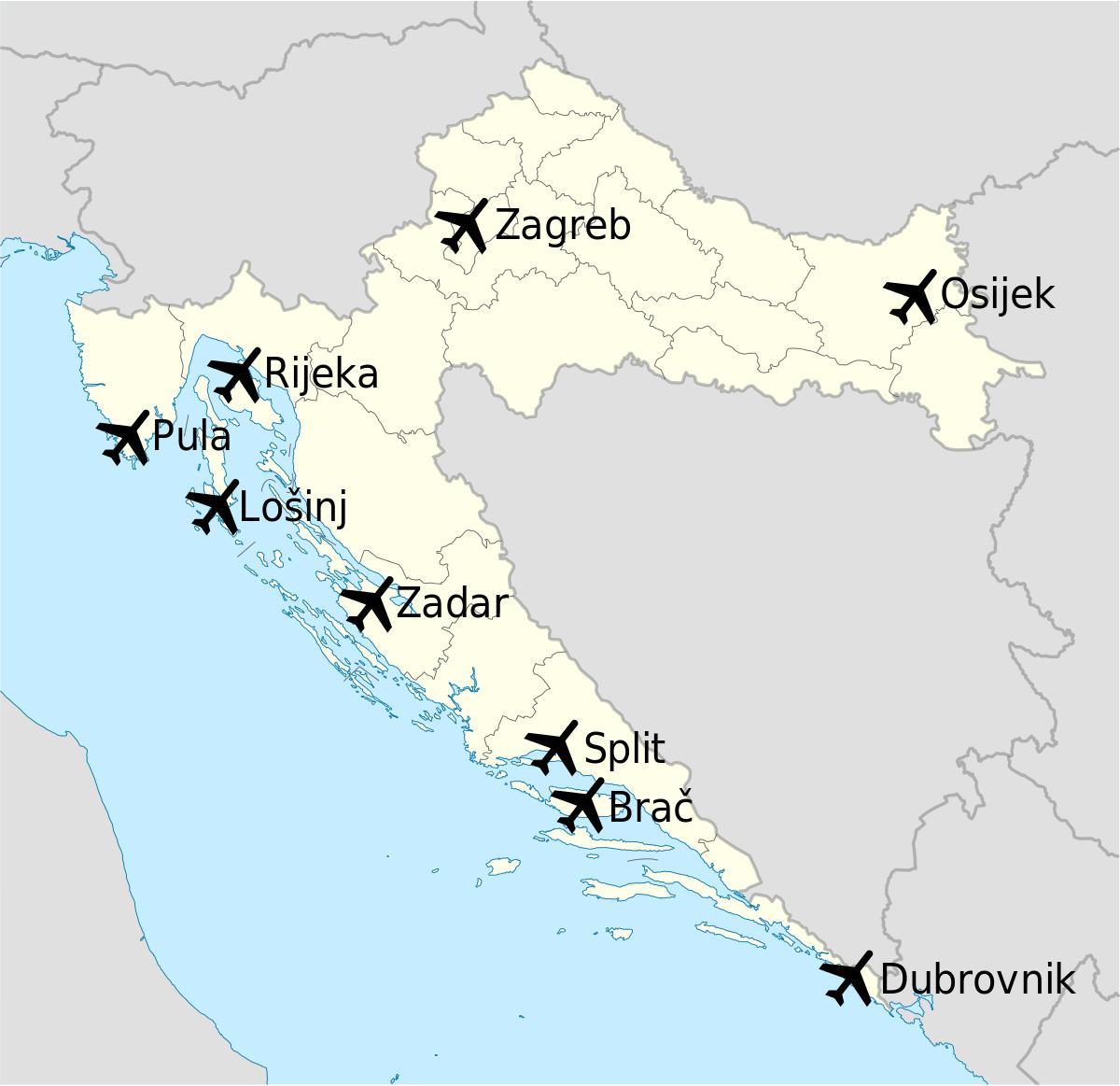 mappa della croazia mostrando aeroporti