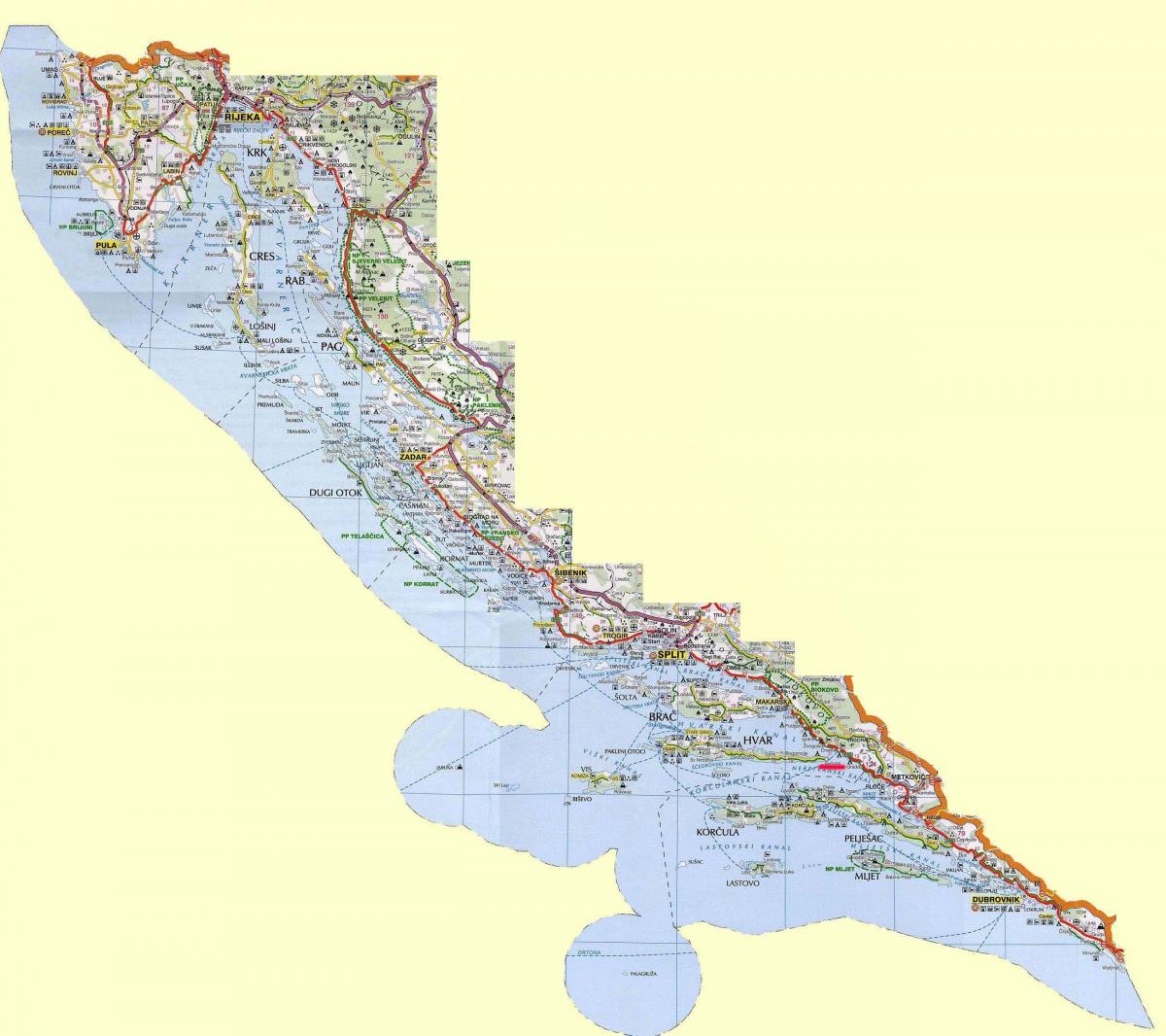 mappa della costa croata e le isole